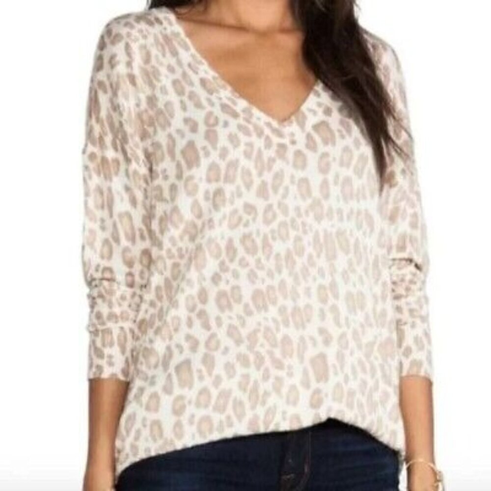 Joie Wool Chyanne Cashmere Wool V-Neck Pullover Sweater Leopard Print Size L